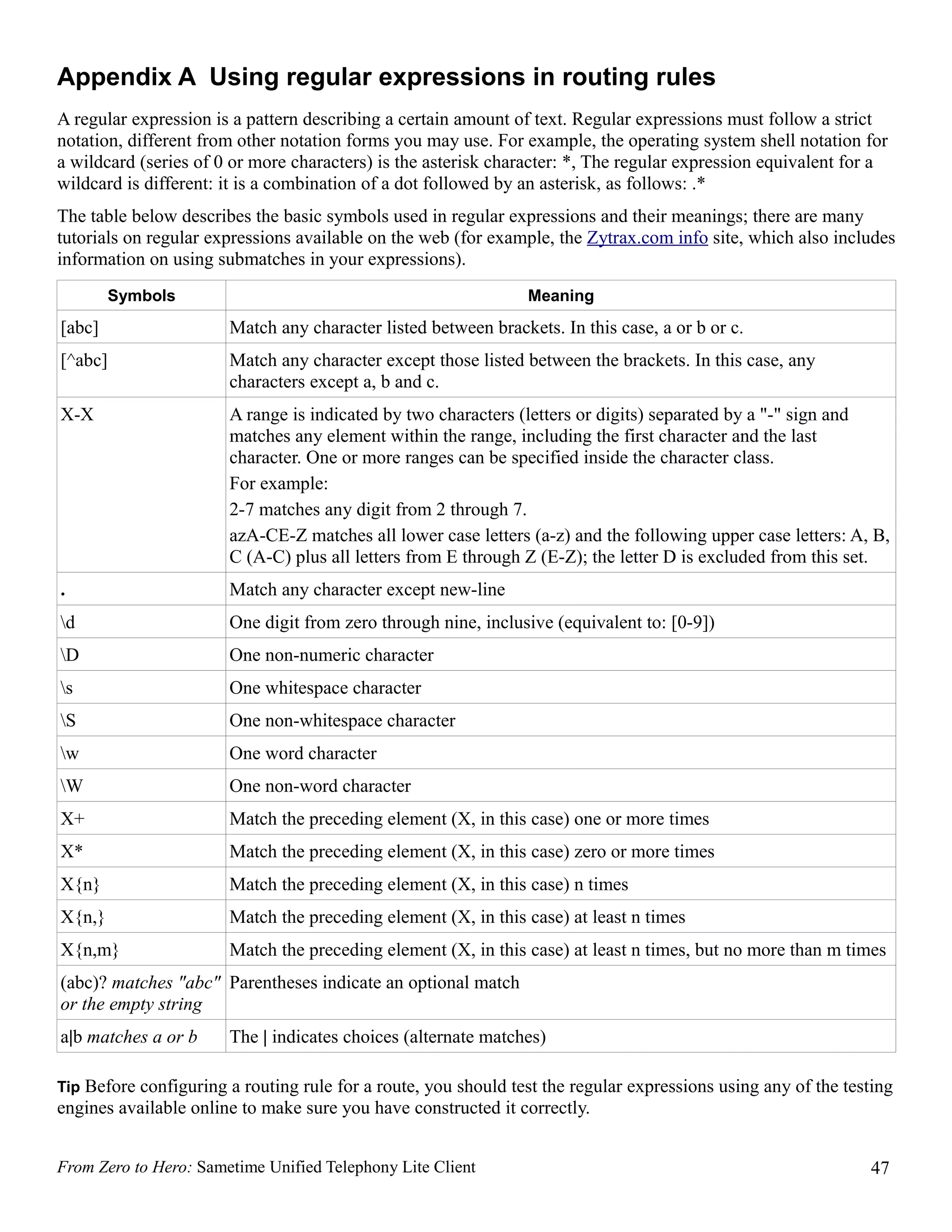 Appendix A Using regular expressions in routing rules
A regular expression is a pattern describing a certain amount of text. Regular expressions must follow a strict
notation, different from other notation forms you may use. For example, the operating system shell notation for
a wildcard (series of 0 or more characters) is the asterisk character: *, The regular expression equivalent for a
wildcard is different: it is a combination of a dot followed by an asterisk, as follows: .*
The table below describes the basic symbols used in regular expressions and their meanings; there are many
tutorials on regular expressions available on the web (for example, the Zytrax.com info site, which also includes
information on using submatches in your expressions).
         Symbols                                                Meaning
[abc]                  Match any character listed between brackets. In this case, a or b or c.
[^abc]                 Match any character except those listed between the brackets. In this case, any
                       characters except a, b and c.
X-X                    A range is indicated by two characters (letters or digits) separated by a "-" sign and
                       matches any element within the range, including the first character and the last
                       character. One or more ranges can be specified inside the character class.
                       For example:
                       2-7 matches any digit from 2 through 7.
                       azA-CE-Z matches all lower case letters (a-z) and the following upper case letters: A, B,
                       C (A-C) plus all letters from E through Z (E-Z); the letter D is excluded from this set.
.                      Match any character except new-line
d                     One digit from zero through nine, inclusive (equivalent to: [0-9])
D                     One non-numeric character
s                     One whitespace character
S                     One non-whitespace character
w                     One word character
W                     One non-word character
X+                     Match the preceding element (X, in this case) one or more times
X*                     Match the preceding element (X, in this case) zero or more times
X{n}                   Match the preceding element (X, in this case) n times
X{n,}                  Match the preceding element (X, in this case) at least n times
X{n,m}                 Match the preceding element (X, in this case) at least n times, but no more than m times
(abc)? matches "abc" Parentheses indicate an optional match
or the empty string
a|b matches a or b     The | indicates choices (alternate matches)

Tip Before configuring a routing rule for a route, you should test the regular expressions using any of the testing
engines available online to make sure you have constructed it correctly.


From Zero to Hero: Sametime Unified Telephony Lite Client                                                      47
 