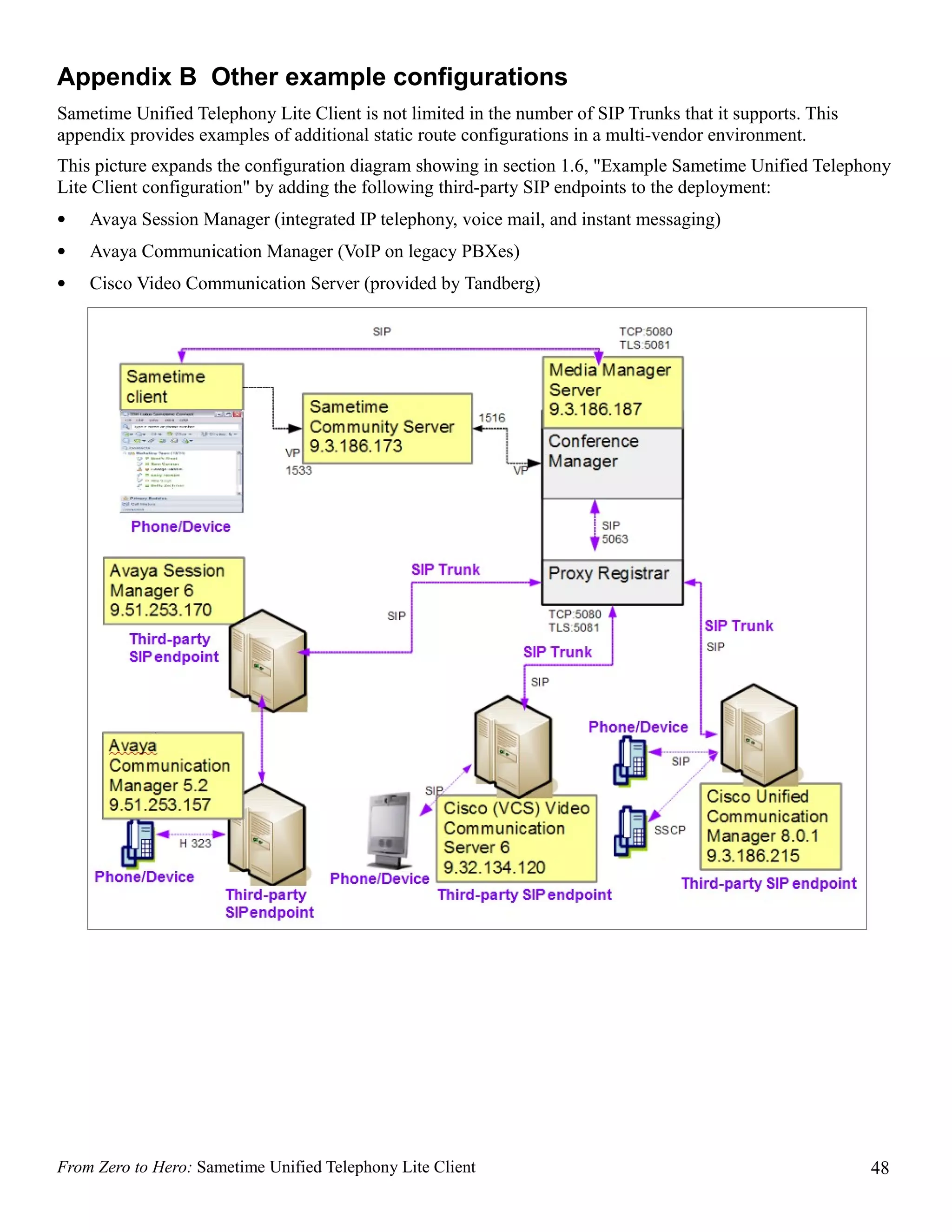 Appendix B Other example configurations
Sametime Unified Telephony Lite Client is not limited in the number of SIP Trunks that it supports. This
appendix provides examples of additional static route configurations in a multi-vendor environment.
This picture expands the configuration diagram showing in section 1.6, "Example Sametime Unified Telephony
Lite Client configuration" by adding the following third-party SIP endpoints to the deployment:
•   Avaya Session Manager (integrated IP telephony, voice mail, and instant messaging)
•   Avaya Communication Manager (VoIP on legacy PBXes)
•   Cisco Video Communication Server (provided by Tandberg)




From Zero to Hero: Sametime Unified Telephony Lite Client                                                  48
 
