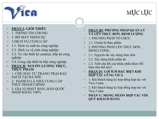 MỤC LỤC
 PHẦN I: GIỚI THIÊU
 1. THÔNG TIN CHUNG
 2. BỘ MÁY NHÂN SỰ
 3.DỊCH VỤ CUNG CẤP
 3.1. Dịch vụ suất ăn công ngh...