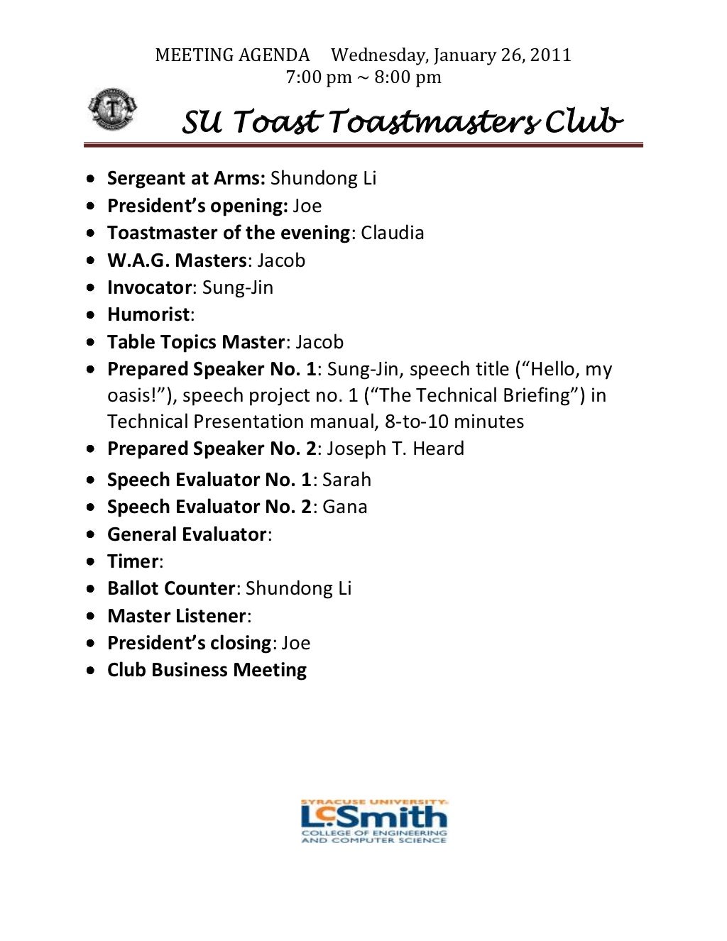 SU Toast Toastmasters' Demo Meeting Agenda