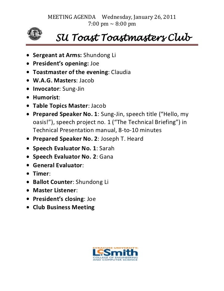 SU Toast Toastmasters' Demo Meeting Agenda