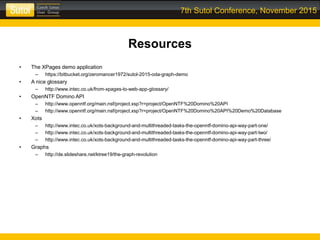 7th Sutol Conference, November 2015
Resources
• The XPages demo application
– https://bitbucket.org/zeromancer1972/sutol-2015-oda-graph-demo
• A nice glossary
– http://www.intec.co.uk/from-xpages-to-web-app-glossary/
• OpenNTF Domino API
– http://www.openntf.org/main.nsf/project.xsp?r=project/OpenNTF%20Domino%20API
– http://www.openntf.org/main.nsf/project.xsp?r=project/OpenNTF%20Domino%20API%20Demo%20Database
• Xots
– http://www.intec.co.uk/xots-background-and-multithreaded-tasks-the-openntf-domino-api-way-part-one/
– http://www.intec.co.uk/xots-background-and-multithreaded-tasks-the-openntf-domino-api-way-part-two/
– http://www.intec.co.uk/xots-background-and-multithreaded-tasks-the-openntf-domino-api-way-part-three/
• Graphs
– http://de.slideshare.net/ktree19/the-graph-revolution
 