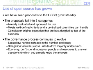 Use of open source has grown
! We have seen proposals to the OSSC grow steadily.
! The proposals fall into 3 categories
     – Already evaluated and approved for use
     – Meets well-defined criteria and a centralized committee can handle
     – Complex or original scenarios that are best decided by top of the
       business

! The governance process continues to evolve
     – Scalability: handle increase in the number proposals
     – Delegation: allow business units to drive majority of decisions
     – Economy: don’t spend money on people and resources to answer
       questions to which you already know the answers.




10   29 March 2011   Bob Sutor - Open Source Governance for your Organization   © 2011 IBM Corporation
 