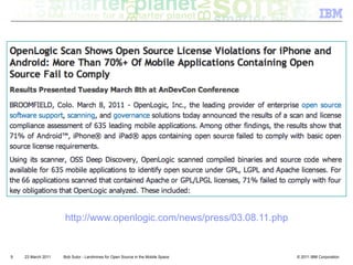 http://www.openlogic.com/news/press/03.08.11.php


9   23 March 2011   Bob Sutor - Landmines for Open Source in the Mobile Space   © 2011 IBM Corporation
 