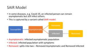 SAIR Model
• In some diseases, e.g. Covid-19, an infected person can remain
asymptomatic but still infect others.
• This is captured by a variant called SAIR model.
• Asymptomatic: infected asymptomatic population
• Infected: infected population with symptoms
• Removed: splits into two – Removed Asymptomatic and Removed Infected
Susceptible Asymptomatic
Removed
Infected Removed
 