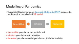 Modelling of Pandemics
• To explain this phenomenon, Kermack-McKendrik (1927) proposed a
mathematical model called SIR model.
• Susceptible: population not yet infected
• Infected: population with infection
• Removed: population no longer infected (includes fatalities)
Susceptible Infected Removed
 