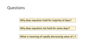 Questions
Why does equation hold for majority of days?
Why does equation not hold for some days?
What is meaning of rapidly decreasing value of 𝑒?
 