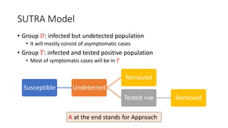 SUTRA Model
• Group 𝑈: infected but undetected population
• It will mostly consist of asymptomatic cases
• Group 𝑇: infected and tested positive population
• Most of symptomatic cases will be in 𝑇
Susceptible Undetected
Removed
Tested +ve Removed
A at the end stands for Approach
 