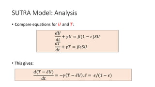 SUTRA Model: Analysis
• Compare equations for 𝑈 and 𝑇:
• This gives:
𝑑𝑈
𝑑𝑡
+ 𝛾𝑈 = 𝛽(1 − 𝜖)𝑆𝑈
𝑑𝑇
𝑑𝑡
+ 𝛾𝑇 = 𝛽𝜖𝑆𝑈
𝑑(𝑇 − 𝜖𝑈)
𝑑𝑡
= −𝛾 𝑇 − 𝜖𝑈 , 𝜖 = 𝜖/(1 − 𝜖)
 