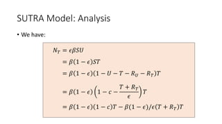SUTRA Model: Analysis
• We have:
𝑁𝑇 = 𝜖𝛽𝑆𝑈
= 𝛽 1 − 𝜖 𝑆𝑇
= 𝛽 1 − 𝜖 1 − 𝑈 − 𝑇 − 𝑅𝑈 − 𝑅𝑇 𝑇
= 𝛽 1 − 𝜖 1 − 𝑐 −
𝑇 + 𝑅𝑇
𝜖
𝑇
= 𝛽 1 − 𝜖 1 − 𝑐 𝑇 − 𝛽(1 − 𝜖)/𝜖 𝑇 + 𝑅𝑇 𝑇
 