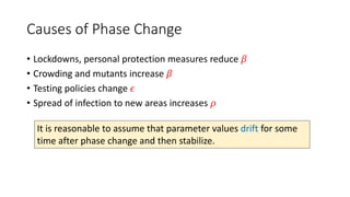 Causes of Phase Change
• Lockdowns, personal protection measures reduce 𝛽
• Crowding and mutants increase 𝛽
• Testing policies change 𝜖
• Spread of infection to new areas increases 𝜌
It is reasonable to assume that parameter values drift for some
time after phase change and then stabilize.
 
