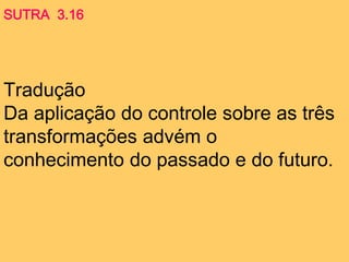 SUTRA 3.16
Tradução
Da aplicação do controle sobre as três
transformações advém o
conhecimento do passado e do futuro.
 