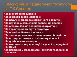Класифікація педагогічних технологій
за Г.К.Селевко
За рівнем застосування
За філософською основою
За ведучим фактором психічного розвитку
За науковою концепцією засвоєння досвіду
За орієнтацією на особистісні структури
За характером змісту та структури
За організаційними формами
За типом управління пізнавальною діяльністю
За позицією дитини в освітньому процесі
За домінуючим методом
За напрямком модернізації існуючої традиційної
системи
За напрямком модернізації існуючої традиційної
системи
 