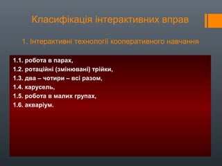 Класифікація інтерактивних вправ
1. Інтерактивні технології кооперативного навчання
1.1. робота в парах,
1.2. ротаційні (змінювані) трійки,
1.3. два – чотири – всі разом,
1.4. карусель,
1.5. робота в малих групах,
1.6. акваріум.
 