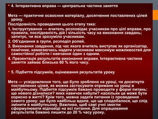  4. Інтерактивна вправа — центральна частина заняття
Мета — практичне освоєння матеріалу, досягнення поставлених цілей
уроку.
Послідовність проведення цього етапу така:
1. Інструктування — вчитель розповідає учасникам про цілі вправи, про
правила, послідовність дій і кількість часу на виконання завдань;
запитує, чи все зрозуміло учасникам.
2. Об'єднання в групи, розподіл ролей.
3. Виконання завдання, під час якого вчитель виступає як організатор,
помічник, намагаючись надати учасникам максимум можливостей для
самостійної роботи і навчання один з одним.
4. Презентація результатів виконання вправи. Інтерактивна частина
заняття займає близько 60 % його часу.
 5. Підбиття підсумків, оцінювання результатів уроку
Мета — усвідомлення того, що було зроблено на уроці, чи досягнуто
поставлених цілей, як можна застосувати отримане на уроці в
майбутньому. Підбиття підсумків бажано проводити у формі питань:
що нового дізналися? яких навичок набули? наскільки це може бути
корисно в житті? Крім того, можна задати питання із проведення
самого уроку: що було найбільш вдале, що ще сподобалося, що слід
змінити в майбутньому. Важливо, щоб самі учні змогли
сформулювати відповіді на всі питання. Для опрацювання
результатів бажано лишити до 20 % часу уроку.
 