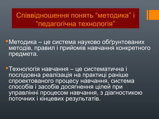 Співвідношення понять “методика” і
“педагогічна технологія”
Методика – це система науково обґрунтованих
методів, правил і прийомів навчання конкретного
предмета.
Технологія навчання – це систематична і
послідовна реалізація на практиці раніше
спроектованого процесу навчання, система
способів і засобів досягнення цілей при
управлінні процесом навчання, з діагностикою
поточних і кінцевих результатів.
 