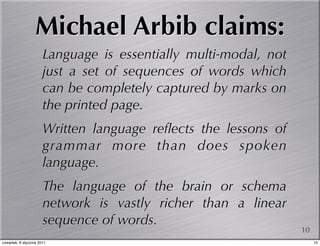 Michael Arbib claims:
                       Language is essentially multi-modal, not
                       just a set of sequences of words which
                       can be completely captured by marks on
                       the printed page.
                       Written language reﬂects the lessons of
                       grammar more than does spoken
                       language.
                       The language of the brain or schema
                       network is vastly richer than a linear
                       sequence of words.
                                                                  10
czwartek, 6 stycznia 2011                                              10
 
