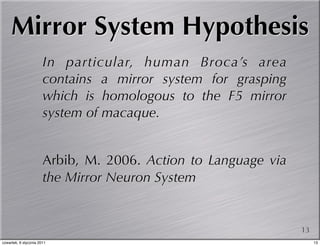 Mirror System Hypothesis
                       In particular, human Broca’s area
                       contains a mirror system for grasping
                       which is homologous to the F5 mirror
                       system of macaque.


                       Arbib, M. 2006. Action to Language via
                       the Mirror Neuron System


                                                                13
czwartek, 6 stycznia 2011                                            13
 