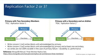 © 2018 Cisco Systems, Inc. All rights reserved.
Replication Factor 2 or 3?
Reference: MongoDB Manual. Three Member Replica Sets.
https://docs.mongodb.com/manual/core/replica-set-architecture-three-members/
• Write concern 1 (w1) writes block until acknowledged by primary.
• Write concern 2 (w2) writes block until acknowledged by primary and at least one secondary.
• w1 writes are not 100% durable in the case of primary failure – durability vs. performance
Primary with Two Secondary Members
“PSS,” replication factor 3
Primary with a Secondary and an Arbiter
“PSA,” replication factor 2
 