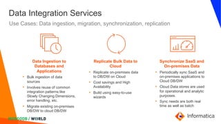 Data Integration Services
Use Cases: Data ingestion, migration, synchronization, replication
Synchronize SaaS and
On-premises Data
• Periodically sync SaaS and
on-premises applications to
Cloud DB/DW
• Cloud Data stores are used
for operational and analytic
purposes.
• Sync needs are both real
time as well as batch
Replicate Bulk Data to
Cloud
• Replicate on-premises data
to DB/DW on Cloud
• Cost savings and High
Availability
• Build using easy-to-use
wizards
Data Ingestion to
Databases and
Applications
• Bulk ingestion of data
sources
• Involves reuse of common
integration patterns like
Slowly Changing Dimensions,
error handling, etc.
• Migrate existing on-premises
DB/DW to cloud DB/DW
 