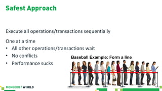 Safest Approach
Execute all operations/transactions sequentially
One at a time
• All other operations/transactions wait
• No conflicts
• Performance sucks
Baseball Example: Form a line
 
