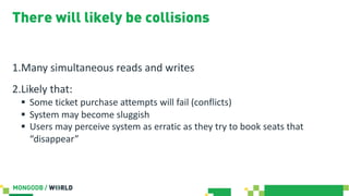 There will likely be collisions
1.Many simultaneous reads and writes
2.Likely that:
§ Some ticket purchase attempts will fail (conflicts)
§ System may become sluggish
§ Users may perceive system as erratic as they try to book seats that
“disappear”
 