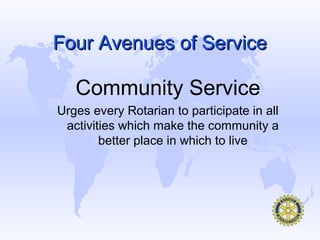 Four Avenues of Service

   Community Service
Urges every Rotarian to participate in all
 activities which make the community a
        better place in which to live
 