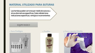Lasheridaspueden cerrarsepor medio de suturasu
otrasalternativasespecificas.Cadamétodotiene
indicacionesespecificas,ventajase inconvenientes.
EQUIPO BASICO
 