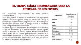 EL TIEMPO (DÍAS) RECOMENDADO PARA LA
RETIRADA DE LOS PUNTOS,
Son diferentes dependiendo de esas mismas
características
En la cara, donde la cicatriz va a ser visible, es importante
retirar la sutura tan pronto como sea posible, (3-5 días), al
tiempo que se coloca Steri-Strip® durante 7 días más, pues
durante este período existe el riesgo de que la herida se
abra ante pequeños traumatismos.
En otras regiones anatómicas, donde el resultado estético
no es tan importante y la cicatrización no es tan rápida,
como en la cara, las suturas deben dejarse más tiempo;
sobre todo en las zonas periarticulares, sometidas a
movimientos continuos, y en la extremidad inferior, que
posee una velocidad de cicatrización más lenta, los puntos
se retirarán más tarde de lo habitual.
 
