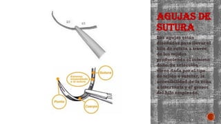 AGUJAS DE
SUTURA
Las agujas están
diseñadas para llevar el
hilo de sutura a través
de los tejidos
produciendo el mínimo
daño. Su selección
viene dada por el tipo
de tejido a suturar, la
accesibilidad de la zona
a intervenir y el grosor
del hilo empleado.
 