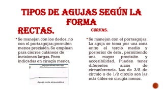 TIPOS DE AGUJAS SEGÚN LA
FORMA
Rectas.
 Se manejan con los dedos, no
con el portaagujas; permiten
menos precisión. Se emplean
para cierres cutáneos de
incisiones largas. Poco
indicadas en cirugía menor.
Curvas.
 Se manejan con el portaagujas.
La aguja se toma por una zona
entre el tercio medio y
posterior de ésta , permitiendo
una mayor precisión y
accesibilidad. Pueden tener
diferentes arcos de
circunferencia. Las de 3/8 de
círculo o de 1/2 círculo son las
más útiles en cirugía menor.
 