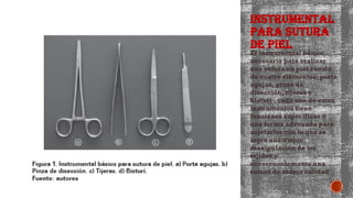 INSTRUMENTAL
PARA SUTURA
DE PIEL
El instrumental básico
necesario para realizar
una sutura en piel consta
de cuatro elementos: porta
agujas, pinza de
disección, tijeras y
bisturí , cada uno de estos
instrumentos tiene
funciones específicas y
una forma adecuada para
sujetarlos con lo que se
logra una mejor
manipulación de los
tejidos y
consecuentemente una
sutura de mayor calidad
 