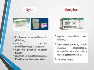 Nylon
 Nylon revestido con
silicona.
 Uso: cierre general, cirugía
plástica, oftalmología,
ortopedia, vascular, piel y
tracto gastrointestinal.
 De color negro.
 En forma de monofilamento
(Ethilon),
 Sutura trenzada
multifilamentosa (nurolon)
 Casi no produce reacción
tisular
 reacción inflamatoria mínima
 Puede absorberse en 2 años.
Surgilon
 