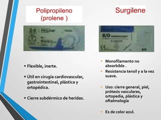  Flexible, inerte.
 Útil en cirugía cardiovascular,
gastrointestinal, plástica y
ortopédica.
 Cierre subdérmico de heridas.
Polipropileno
(prolene )
 Monofilamento no
absorbible .
 Resistencia tensil y a la vez
suave.
 Uso: cierre general, piel,
prótesis vasculares,
ortopedia, plástica y
oftalmología
 Es de color azul.
Surgilene
 