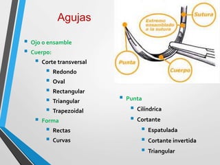  Ojo o ensamble
 Cuerpo:
 Corte transversal
 Redondo
 Oval
 Rectangular
 Triangular
 Trapezoidal
 Forma
 Rectas
 Curvas
 Punta
 Cilíndrica
 Cortante
 Espatulada
 Cortante invertida
 Triangular
Agujas
 