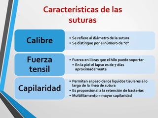 Características de las
suturas
• Se refiere al diámetro de la sutura
• Se distingue por el número de “0”
Calibre
• Fuerza en libras que el hilo puede soportar
• En la piel el lapso es de 7 días
aproximadamente
Fuerza
tensil
• Permiten el paso de los líquidos tisulares a lo
largo de la línea de sutura
• Es proporcional a la retención de bacterias
• Multifilamento = mayor capilaridad
Capilaridad
 