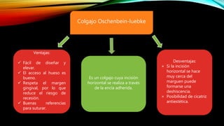 Es un colgajo cuya incisión
horizontal se realiza a través
de la encía adherida.
Colgajo Oschenbein-luebke
Ventajas:
 Fàcil de diseñar y
elevar.
 El acceso al hueso es
bueno.
 Respeta el margen
gingival, por lo que
reduce el riesgo de
recesión.
 Buenas referencias
para suturar.
Desventajas:
× Si la incisión
horizontal se hace
muy cerca del
marguen puede
formarse una
deshiscencia.
× Posibilidad de cicatriz
antiestètica.
 
