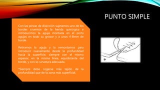 PUNTO SIMPLE
Con las pinzas de disección sujetamos uno de los
bordes cruentos de la herida quirúrgica e
introducimos la aguja montada en el porta
agujas en todo su grosor y a unos 4-8mm de
borde.
Retiramos la aguja y la remontamos para
introducir nuevamente desde la profundidad
hacia la superficie, siempre con el mismo
espesor, en la misma línea, equidistante del
borde, y con la curvatura adecuada.
*Siempre debe cogerse màs tejido de la
profundidad que de la zona màs superficial.
 