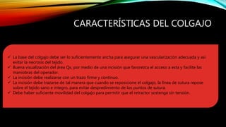 CARACTERÍSTICAS DEL COLGAJO
 La base del colgajo debe ser lo suficientemente ancha para asegurar una vascularización adecuada y así
evitar la necrosis del tejido.
 Buena visualización del área Qx, por medio de una incisión que favorezca el acceso a esta y facilite las
maniobras del operador.
 La incisión debe realizarse con un trazo firme y continuo.
 La incisión debe trazarse de tal manera que cuando se reposicione el colgajo, la línea de sutura repose
sobre el tejido sano e integro, para evitar despredimiento de los puntos de sutura.
 Debe haber suficiente movilidad del colgajo para permitir que el retractor sostenga sin tensión.
 