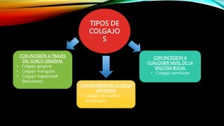 TIPOS DE
COLGAJO
S
CON INCISIÓN A TRAVÉS
DEL SURCO GINGIVAL
• Colgajo gingival
• Colgajo triangular.
• Colgajo trapezoidal
(Neumann).
CON INCISION EN LA ENCIA
ADHERIDA
• Colgajo de Luebke-
Ochsenbein
CON INCISSION A
CUALQUIER NIVEL DE LA
MUCOSA BUCAL
• Colgajo semilunar
 