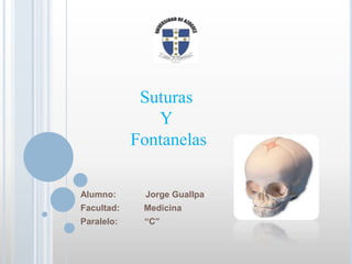 Suturas
Y
Fontanelas
Alumno:

Jorge Guallpa

Facultad:

Medicina

Paralelo:

“C”

 