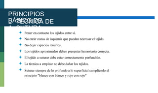 PRINCIPIOS
BÁSICO DE
L
A
TÉCNICA DE
SUTURA







Poner en contacto los tejidos entre sí.
No crear zonas de isquemia que puedan necrosar el tejido.
No dejar espacios muertos.
Los tejidos aproximados deben presentar hemostasia correcta.
El tejido a suturar debe estar correctamente perfundido.
La técnica a emplear no debe dañar los tejidos.
Suturar siempre de lo profundo a lo superficial cumpliendo el
principio "blanco con blanco y rojo con rojo"
 