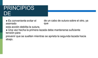 PRINCIPIOS
DE
ANUDAMIEN
TO
● Es conveniente evitar el
aserrado
esta acción debilita la sutura.
de un cabo de sutura sobre el otro, ya
que
● Una vez hecha la primera lazada debe mantenerse suficiente
tensión para
prevenir que se suelten mientras se aprieta la segunda lazada hacia
abajo.
 
