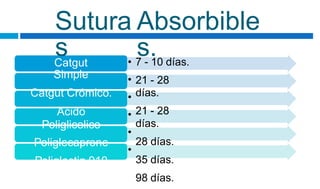 Sutura
s
Absorbible
s.
Catgut
Simple
Catgut Crómico.
Acido
Poliglicolico
Poliglecaprone
Poliglactin 910
Polidioxanon
•
•
•
•
•
•
7 - 10 días.
21 - 28
días.
21 - 28
días.
28 días.
35 días.
98 días.
 