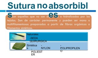 Sutura
s
noabsorbibl
es
Naturales:
-SEDA
QUIRURGICA.
Sintética
s
-
NYLON
-
POLIPROPILEN
O
-
POLIEST
ER
 