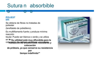Sutura
s
n
o
absorbible
s
POLIEST
ER:
Se obtiene de fibras no tratadas de
poliester
(tereftalato de polietileno).
Es multifilamento fuerte y produce mínima
reacción
tisular. Puede ser blanca o verde y se utiliza
en la
colocación de prótesis sintéticas vasculares.
** Su utilidad está muy difundida para la
realización de anastomosis vasculares y
colocación
de prótesis, ya que conserva su resistencia
por
tiempo indefinido**
 