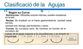 necesitemos y el espacio de maniobra que tengamos, elegiremos
unas y
otras:
Clasificació
n
de la
s
Agujas
.
•Según su Curva:
•Semicurvas: Utilizadas suturas internas, pueden emplearse
en la piel.
•Rectas: Se emplean en el tracto gastrointestinal, cavidad nasal,
nervios,
cavidad oral, faringe, piel tendones y vasos.
•Curvas: Su curvatura varía. Se nombran en función de la
curvatura del
cuerpo de la aguja respecto a la circunferencia, y en función al
ángulo que
 