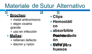 Materiale
s
de Sutur
a
Alternativo
s
 Broches:
 metal anticorrosivo
 dejan cicatriz
grande
 uso en infección
 Mallas:
 rellenan defecto
 dacron y nylon
Clips
Hemostáti
co
absorbible
Puente de



contenci
ón
suturas
de
Cera para
huesos

 