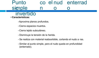 Punto
simple
co
n
el nud
o
enterrad
o
o
invertido
• Características:
-Aproxima planos profundos.
- Cierra espacios muertos.
- Cierra tejido subcutáneo.
- Disminuye la tensión de la herida.
- Se realiza con material reabsorbible, cortando el nudo a ras.
- Similar al punto simple, pero el nudo queda en profundidad
(enterrado).
 