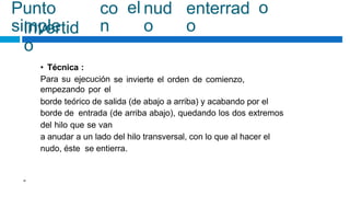 Punto
simple
co
n
el nud
o
enterrad
o
o
invertid
o
• Técnica :
Para su ejecución
empezando por el
se invierte el orden de comienzo,
borde teórico de salida (de abajo a arriba) y acabando por el
borde de entrada (de arriba abajo), quedando los dos extremos
del hilo que se van
a anudar a un lado del hilo transversal, con lo que al hacer el
nudo, éste se entierra.
-
 